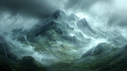   A digital painting depicting a misty mountain range beneath an overcast sky, featuring a boat prominently in the foreground - obrazy, fototapety, plakaty