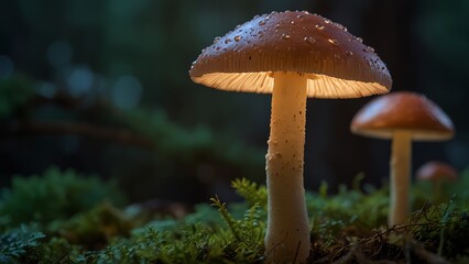 Mushroom irradiant glowing in the forest