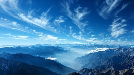  Blue sky with cloudy clouds, viewed from the peak of a mountain range