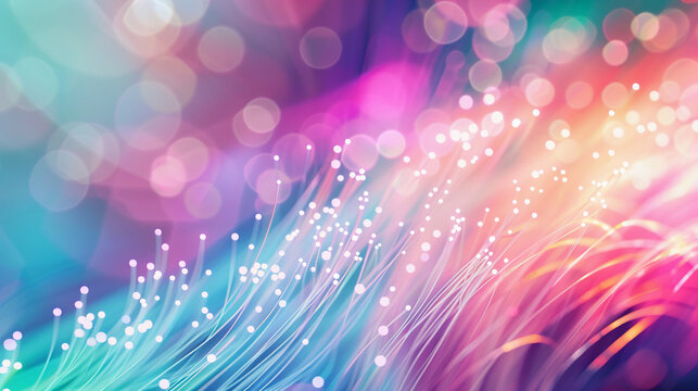 Optic fibers twisted into white watersaving messages, colorful background, soft glow