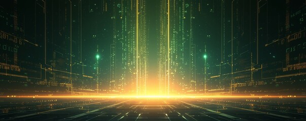 A dynamic and futuristic background with an abstract design of green light rays, creating the illusion that they form vertical lines or data streams  - obrazy, fototapety, plakaty