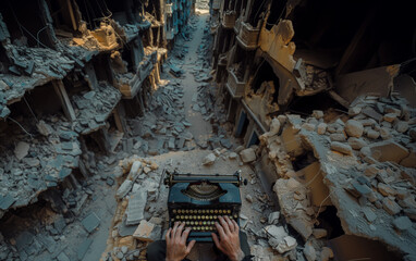 Journalism of war writing concept with typewriter over desolated ruined urban landscape