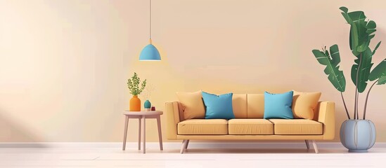 Interior design of a living room with furniture including a yellow couch adorned with blue pillows, placed in a house with wooden flooring and a rectangular table - obrazy, fototapety, plakaty