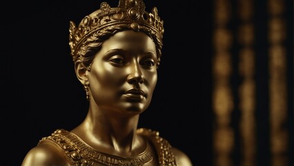golden ancient queen statue close up portrait on plain black background from Generative AI
