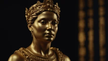 Fotobehang golden ancient queen statue close up portrait on plain black background from Generative AI © Arceli