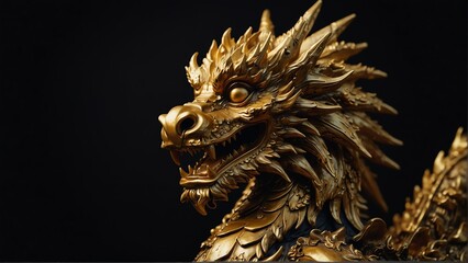 golden dragon statue close up portrait on plain black background from Generative AI