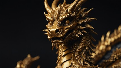 golden dragon statue close up portrait on plain black background from Generative AI