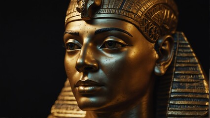 golden egyptian emperor statue close up portrait on plain black background from Generative AI