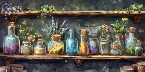 Colorful illustration of herbal medicine on shelves, traditional health concept