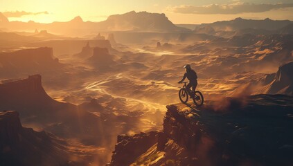 A female mountain biker riding down an adventurous trail, surrounded by rocky terrain and majestic mountains under the golden light of sunset.  - obrazy, fototapety, plakaty