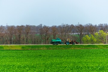 a wheeled tractor tows a tank with liquid fertilizers along a country road along a green field of winter barley near the village of Dvubratsky (south of Russia) on a sunny spring day