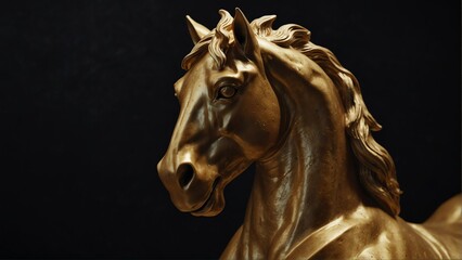 golden horse statue close up portrait on plain black background from Generative AI