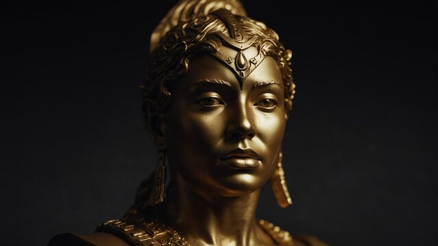 golden female warrior statue close up portrait on plain black background from Generative AI
