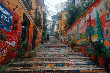 Fototapeta premium The Selaron Stairs, a world-famous set of steps in Rio de Janeiro, are adorned with colorful tiles and graffiti