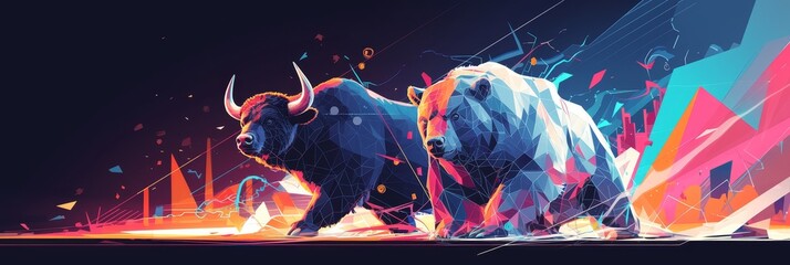 A colorful bull and bear on the left, with stock market charts in the background