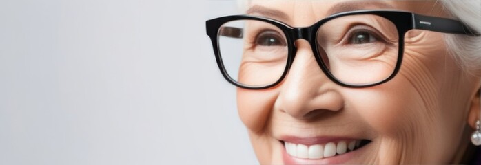 Portrait of a smiling elderly Asian woman wearing optical glasses on a white background with space for text