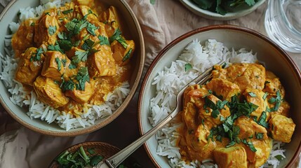   A close-up of two bowls of food on a table, with rice in one bowl and a glass of water on the side