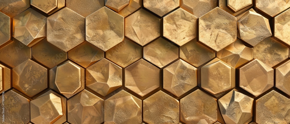 Poster Japanese pattern in gold on a geometric hexagonal background.