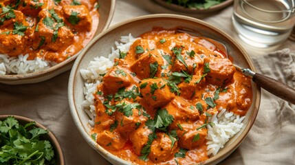   A bowl of chicken tikka with rice and cilantro garnish