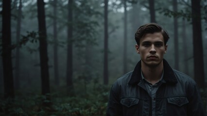 Naklejka premium handsome young man portrait on foggy dark forest backround from Generative AI