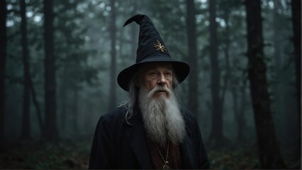 old wizard portrait on foggy dark forest backround from Generative AI - obrazy, fototapety, plakaty