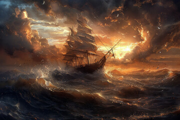 Majestic Sailing Ship Braving the Turbulent Ocean at Sunset - obrazy, fototapety, plakaty