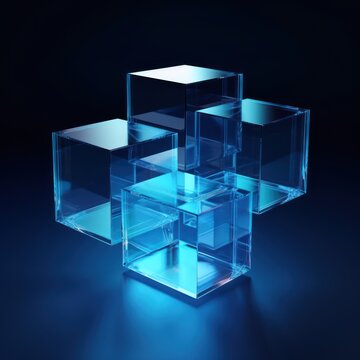 Blue glass cube abstract 3d render, on black background with copy space minimalism design for text or photo backdrop