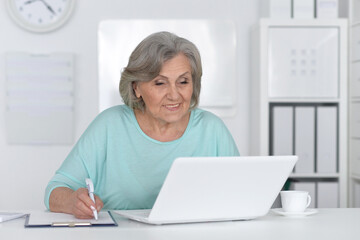 Fototapeta na wymiar Senior business woman working in office with laptop