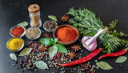 Flavor Fiesta: Colorful Collection of Mediterranean Condiments on Dark Surface