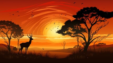 Fototapeta na wymiar A striking logo icon featuring a silhouetted, leaping gazelle in an African savanna.