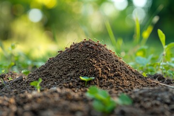 A detailed image showing an anthill with red ants in their natural habitat surrounded by green foliage