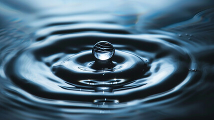 A clear water drop splashes on a blue surface, sending ripples outward - obrazy, fototapety, plakaty