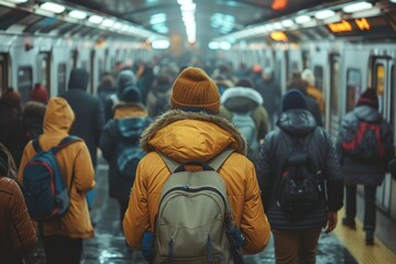 Photo depicting a daily life scene in a busy subway station, with commuters bundled in winter attire during rush hour