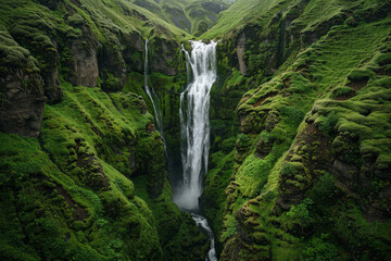 A beautiful waterfall surrounded by green moss
