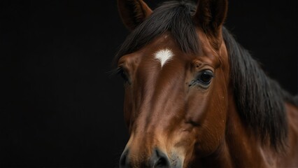 brown horse close up portrait on plain black background from Generative AI