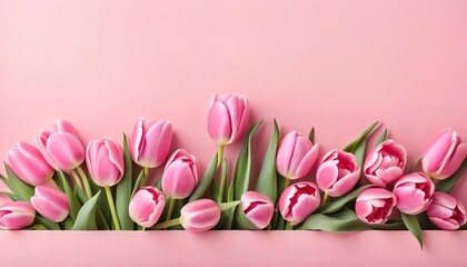 Beautiful tulips on color background, top view. Space for text. AI generated
