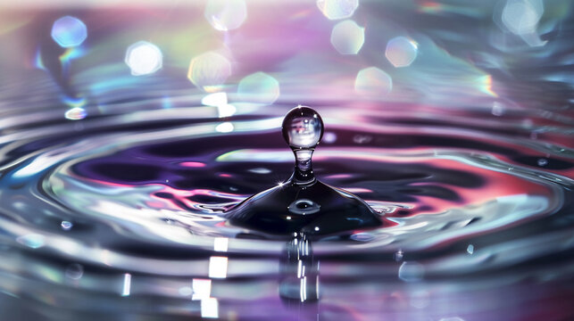 A clear blue water droplet hangs suspended, reflecting the vibrant color
