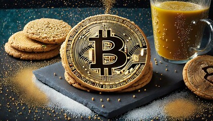 digital wealth with a cookie shaped like a bitcoin, inviting viewers to savor the concept of cryptocurrency in a delicious form