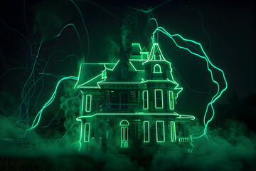 Neon outline of a haunted house isolated on black background.