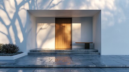 Contemporary House Entrance: Wooden Door Access to Modern White Home Exterior
