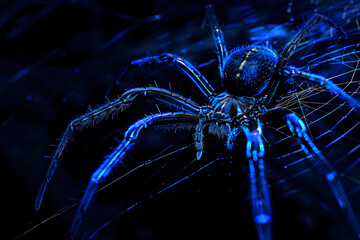 Neon silhouette of a creepy spider isolated on black background.