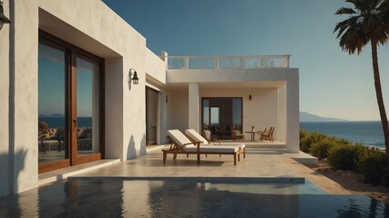 greek luxury villa house on the beach in summer front porch facade view with sea on background from Generative AI