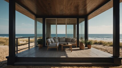 modern cottage house on the beach in summer front porch facade view with sea on background from Generative AI
