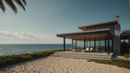 modern mansion house on the beach in summer front porch facade view with sea on background from Generative AI