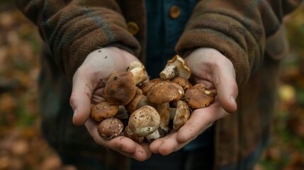 Closeup of a farmer's hands holding fresh mushrooms. Generated by artificial intelligence. 