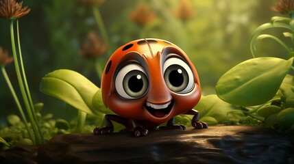 An adorable cartoon logo of a happy ladybug crawling on a leaf. - Powered by Adobe