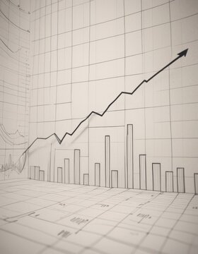A black and white image of a rising graph line over bar charts, symbolizing economic growth and analytics