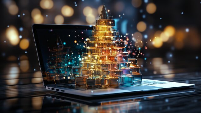Digital Christmas Shopping Concept With Gift Box Tree Emerging From Laptop Representing E-Commerce and Holiday Online Retail Sales