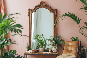 Vintage Mirror with Wooden Accents Creating a Charming Reading Corner in a Modern Home