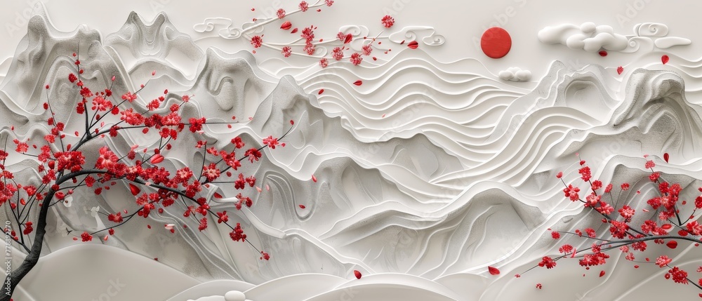 Poster with cherry blossom pattern in japanese template modern. bamboo, cloud, and pine tree elements in ja
